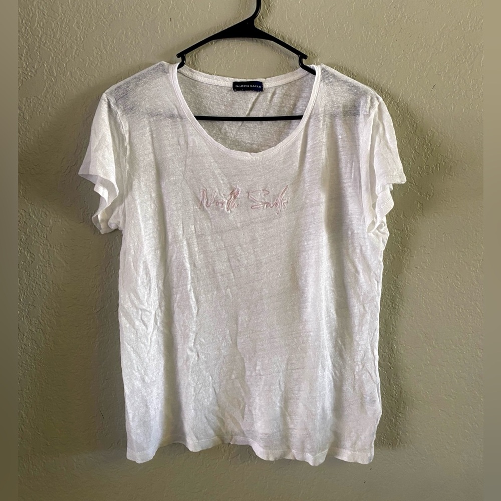 North Sails White Linen T-shirt with Pink Lavender Embroidered Logo Sz M